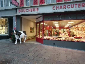 a cow at the butcher