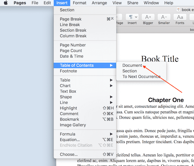 Apple Pages insert table of contents