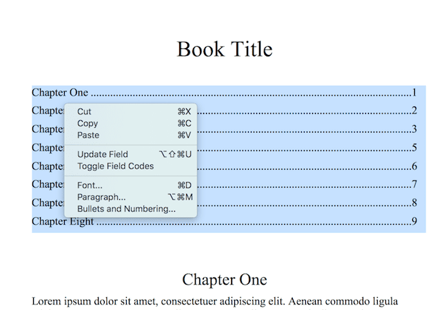 table of contents customise