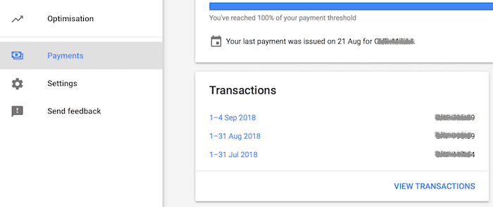 adsense payments tab