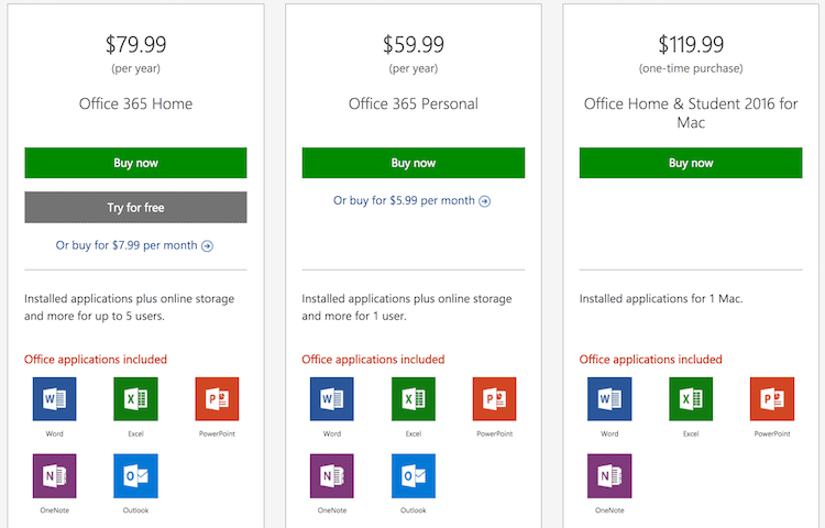 Microsoft Office for Mac subscription prices and purchase price