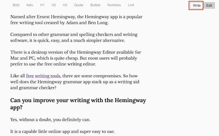 hemingway write screen