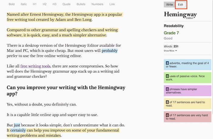 hemingway edit screen