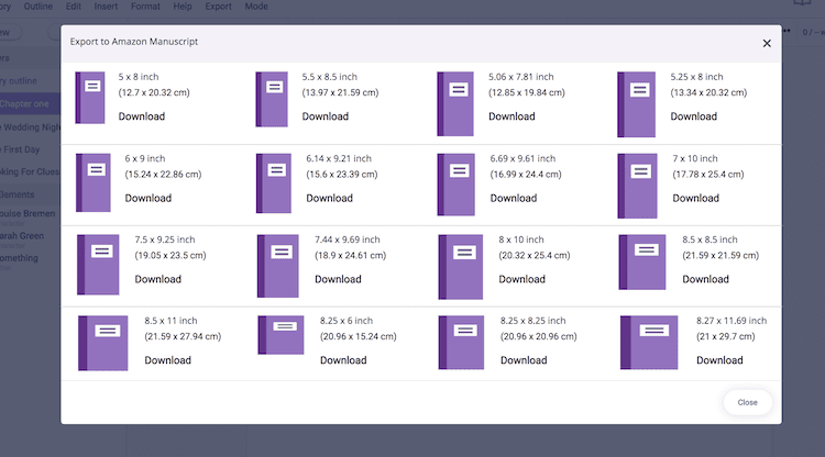export to amazon in different book sizes