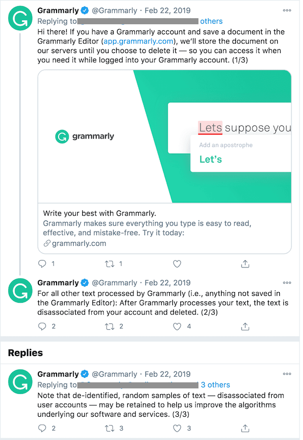 A Grammarly Tweet explaining its data storage of documents