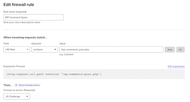 Cloudflare comment spam firewall rule