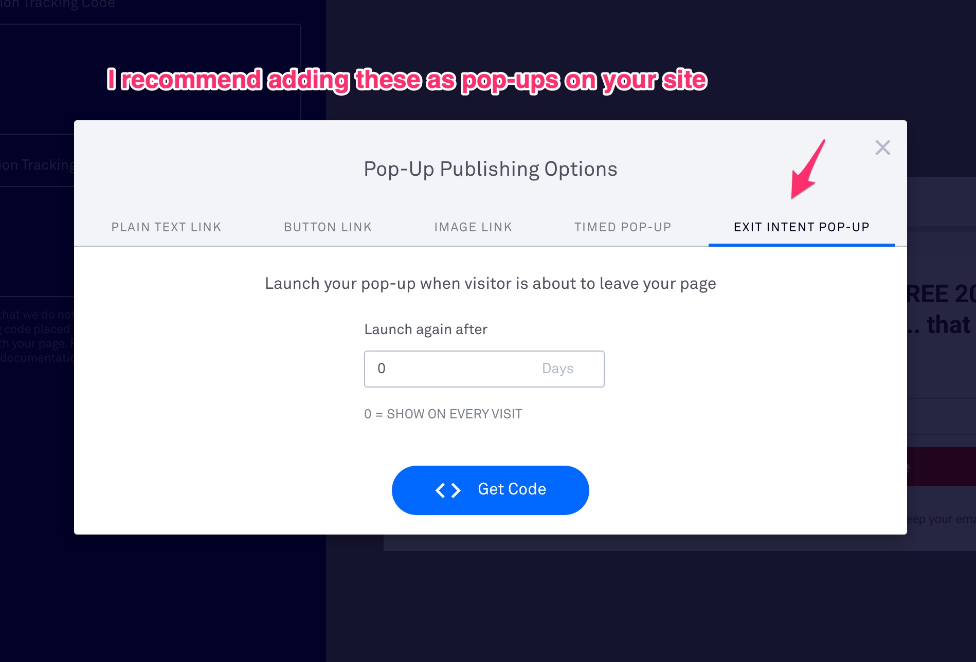 Intenzione di uscita popup di Leadpages