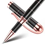 Stylo à bille roulante à encre gel or rose style rayures géométriques avec poignée en cuivre dans une boîte cadeau avec 1 recharge supplémentaire, cadeau de Thanksgiving, cadeaux de Noël pour femmes et hommes (encre noire, pointe fine 0,7 mm)