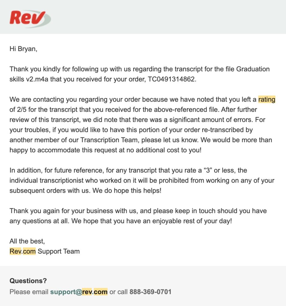 Kundensupport-E-Mail von Rev.com