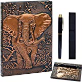 Conjunto de caneta para caderno com capa de elefante 3D, suporte para caneta, capa dura com fecho elástico, planejador de diário pessoal, papel com linhas grossas, presentes para mulheres e homens (Bronze vermelho, A5 (8,3' * 5,7')