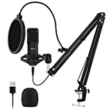 SUDOTACK Microphone professionnel 192KHZ/24Bit Studio à condensateur cardioïde avec bras de flèche de carte son et filtre anti-pop pour Skype Youtuber Karaoke Gaming Recording