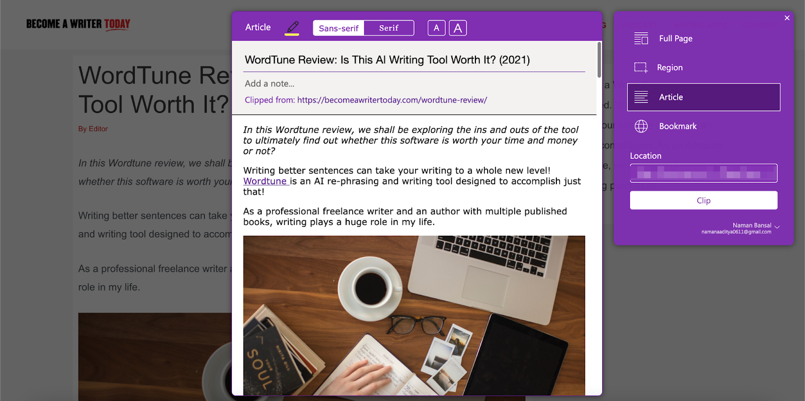 Ritaglio web di OneNote