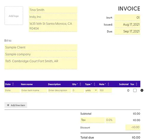 Plantillas de facturas gratuitas: Indy Invoice Generator