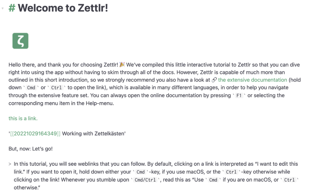 Zettlr チュートリアル ウィンドウ