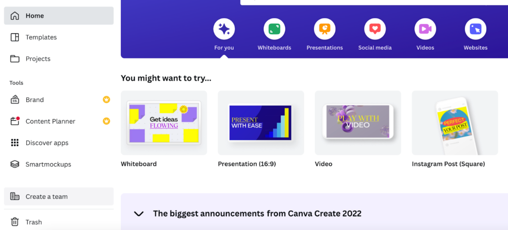 Панель управления Canva