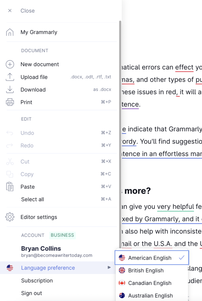 Jak działa Grammarly:: Ustaw preferencje językowe