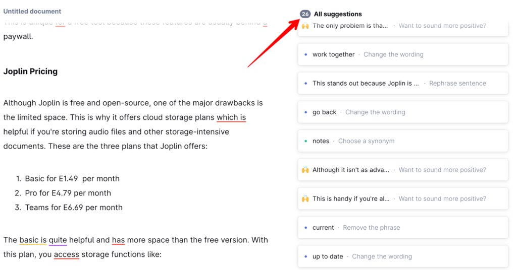 La revisione di Joplin in Grammarly fornisce controlli approfonditi