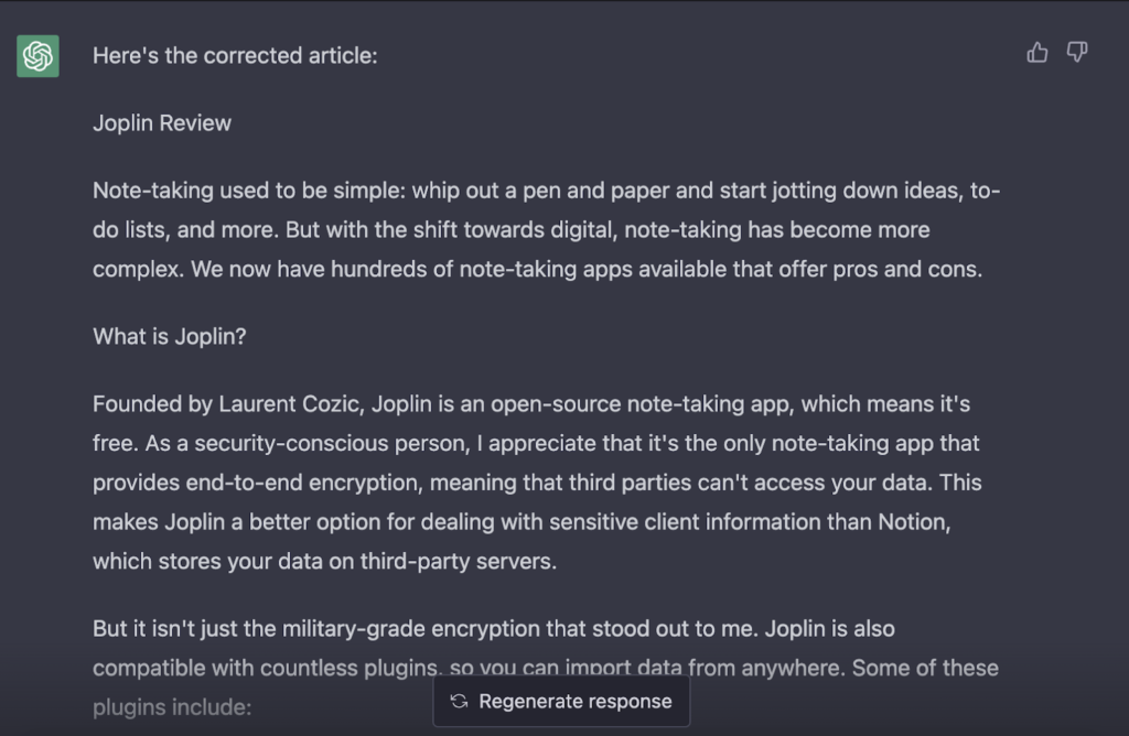 Recensione di Joplin in ChatGPT