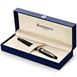 Waterman Expert Tintenroller, schwarz glänzend mit 23-karätigem Goldrand, feine Spitze mit schwarzer Tintenpatrone, Geschenkbox