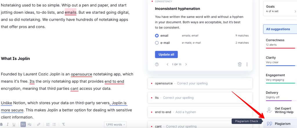 Grammarly skanuje pod kątem plagiatu