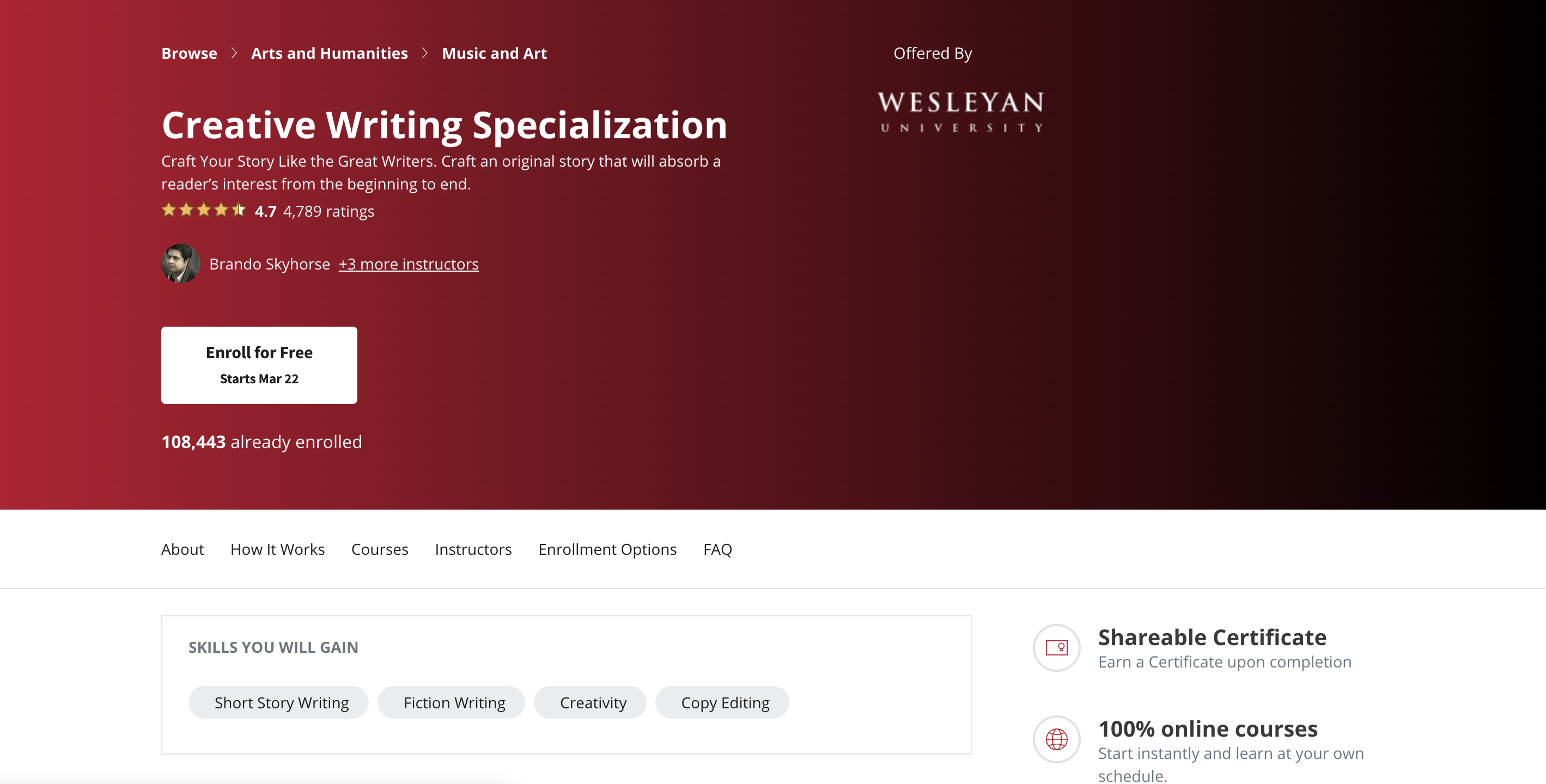 Spesialisasi Penulisan Kreatif oleh Universitas Wesleyan oleh Coursera