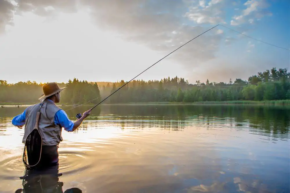 Pesca a mosca del giovane all'alba