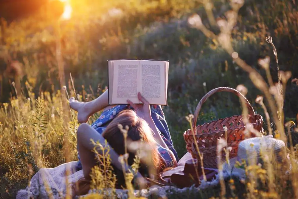 Frau liest ein Buch auf einer Wiese