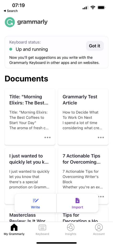 Aplicativo Grammarly para iOS